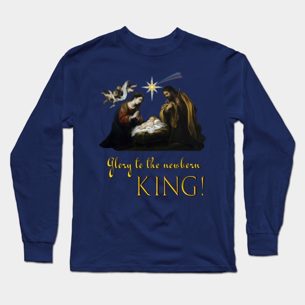 Nativity Scene Jesus Mary Joseph Star and Angels Long Sleeve T-Shirt by Brasilia Catholic